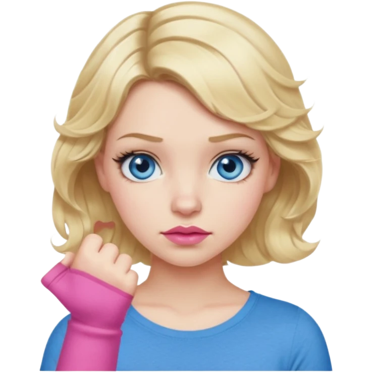 Girl Blonde short wavy hair,  blue eyes, cute blue top, long lashes, pink lips, thumbs down  emoji