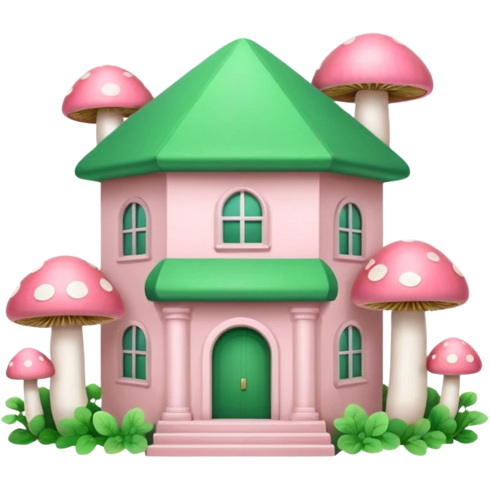 Pale Pink and green cute bank building, mushrooms growing around it , clean aesthetic, two PP letters on it, lines, vectors emoji