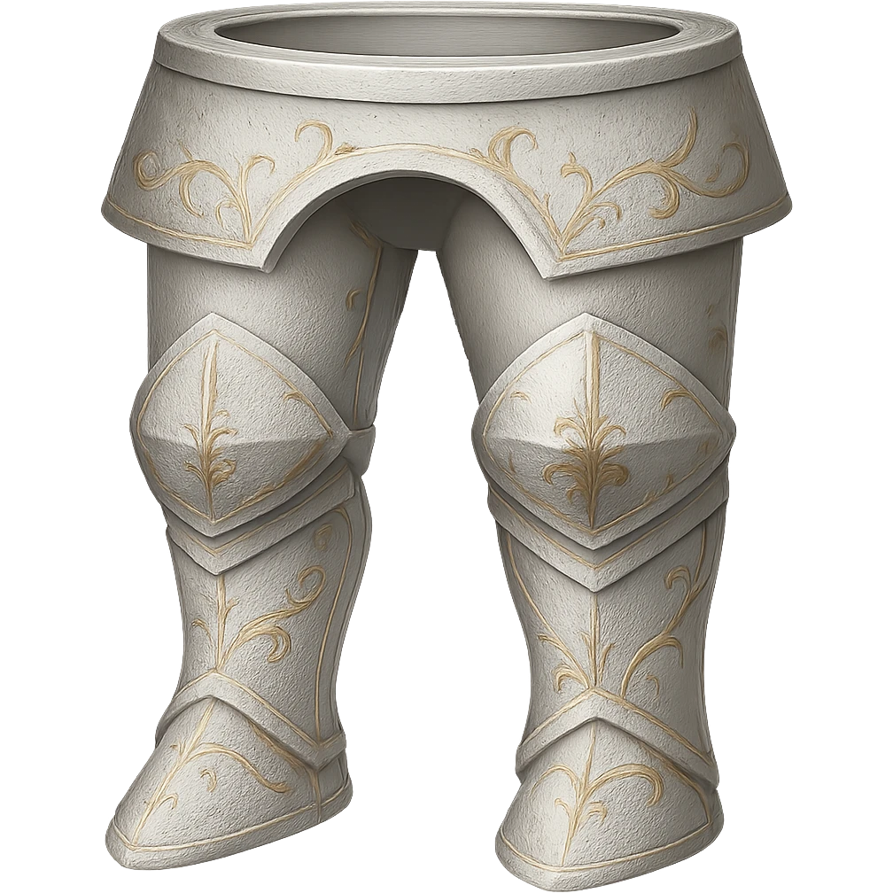 Recolor the platelegs to a very light metallic silver color with subtle, elegant gold engravings. The gold should be soft and not too yellow or green, matching the gold tone and style of the provided silver shield reference. Transparent background. emoji