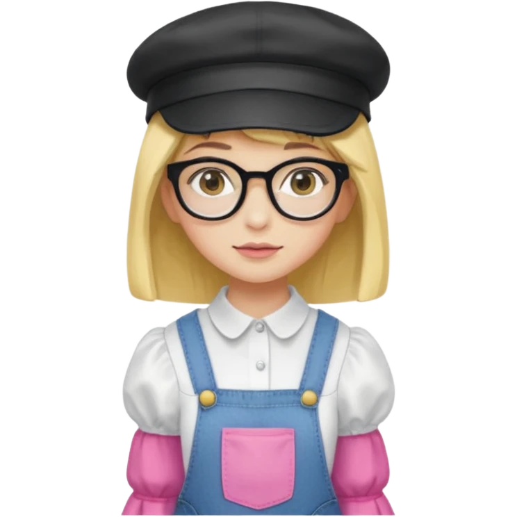 A yellow-skinned girl with medium-long straight hair, flat bangs, black frame glasses, a white puffy sleeve doll shirt, blue jeans and pink shoes, and a black painter's hat. emoji