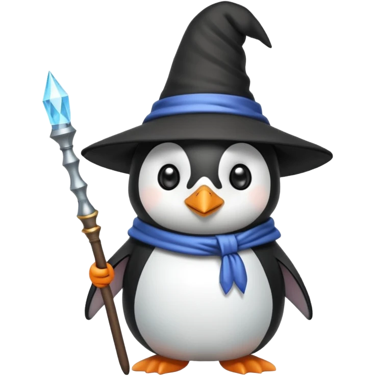 a cute penguin wizard with a pointy hat and a magic wand emoji