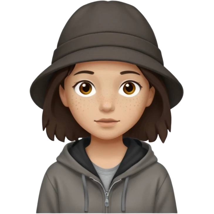 Hobo tomboy with light skin, freckles, shoulder-length center-parted dark brown hair. brown eyes, dark brown hoodie, grey shirt. Black flat brimmed hat emoji