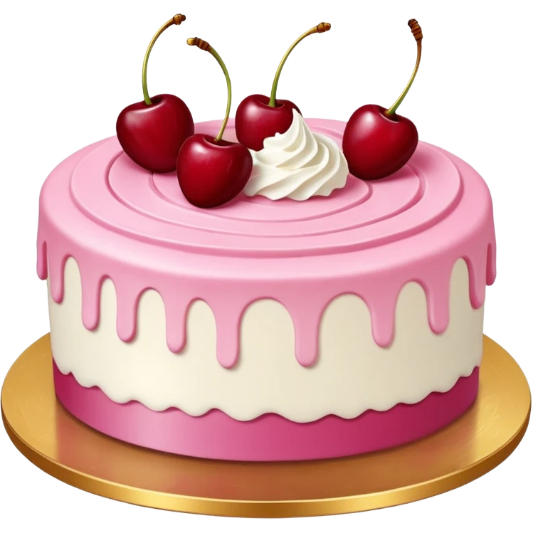 Round pink frosted cake with textured buttercream sides, placed on a gold cake board.
White whipped cream swirls on top, each topped with glossy red cherries with stems, clean studio lighting, isolated background, realistic minimal emoji-style. emoji