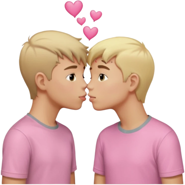 There are two boys kissing, because they are in love. Boy 1 is wearing a gray shirt and has blonde hair, boy 2 is wearing all pink and has light brown hair. emoji