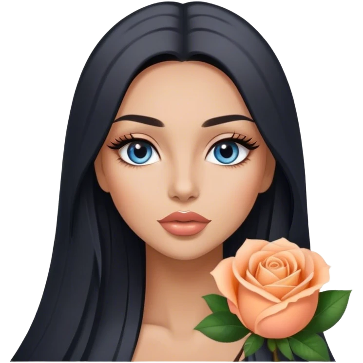 Glamours, tanned, very beautiful girl, with big pump peach-beige-rose lips, long long lashes, black straight smooth silky long hair, straight parting hair, blue-grey eyes emoji