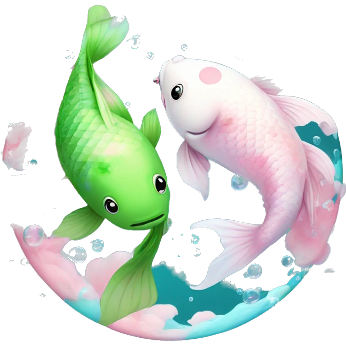 Pisces Two realistic green and blue the other pink and white koi fish swimming in circle ying yang cloudy dreamy bubbles  emoji