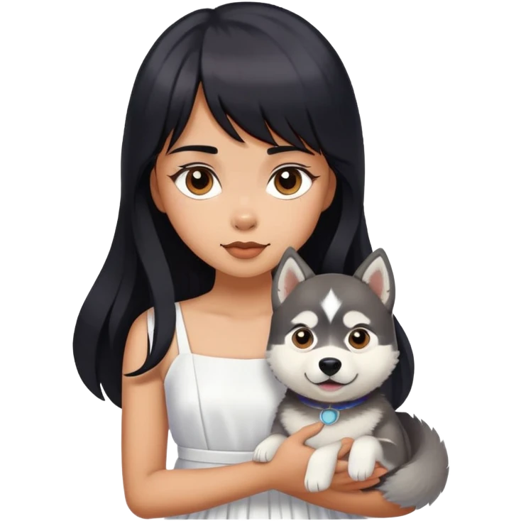 A girl with long black hair, with a few bangs curled to the sides, wearing a white dress and holding a husky  emoji