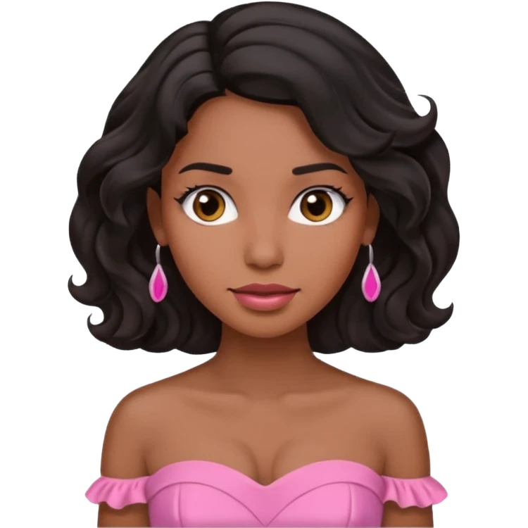 Una morenita con el cabello ondulado negro, una blusa sin tirantes rosada  emoji
