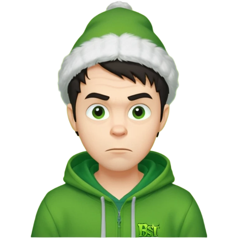 Create an avatar of white European with dark hair  male in hoodie with ``BST`` letters on it. Make background to look like from movie Grinch. make him look to left side emoji