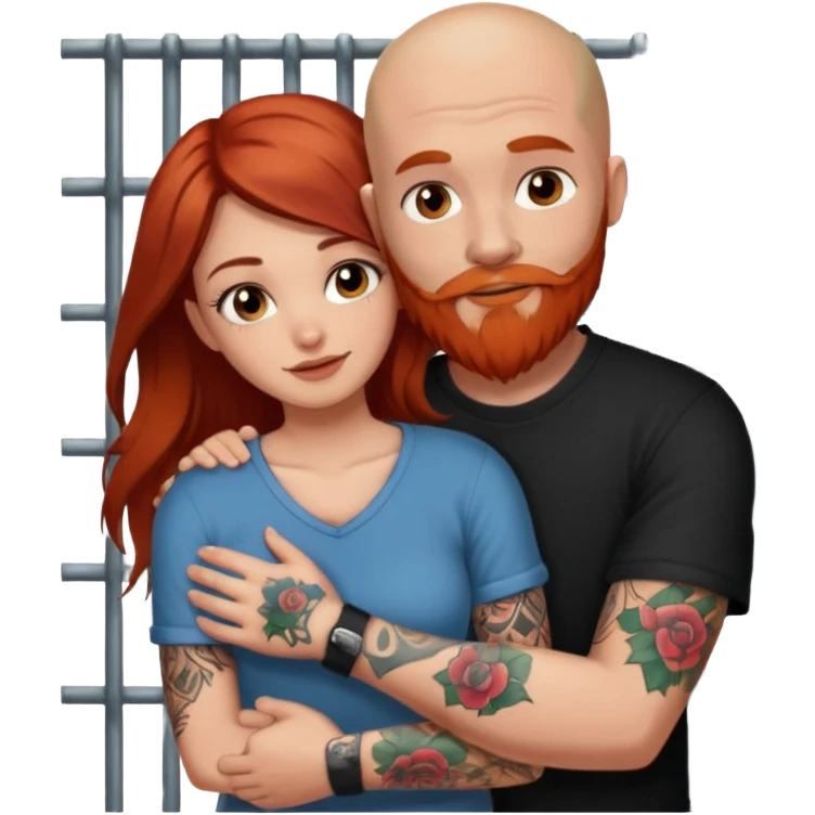 Make a long brown haired, brown eyed pretty girl, hugging a guy that is bald with a red beard and a sleeve of tattoos in jail emoji