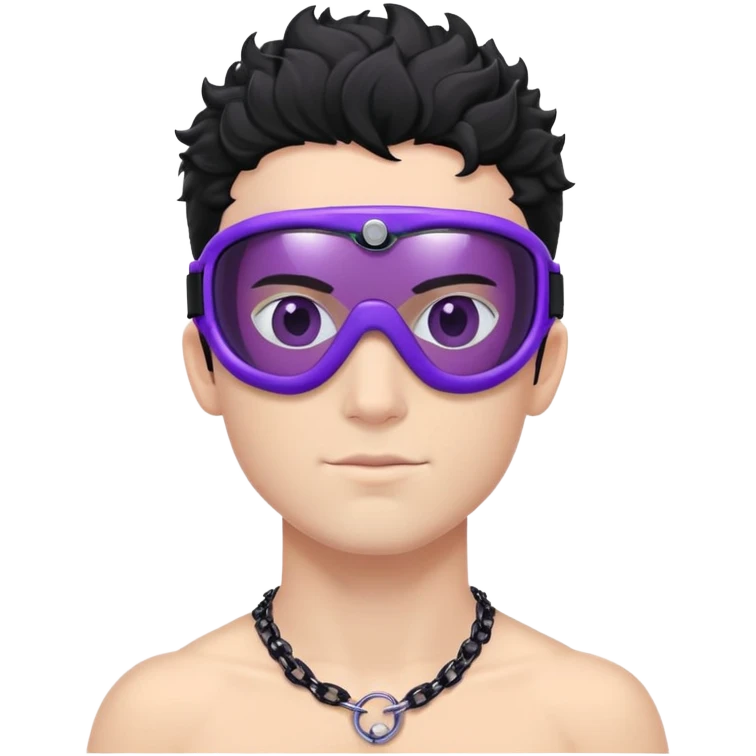 shirtless male athlete with white skin and moderately curly black hair on top with shaved sides, wearing purple ski goggles with black tinted lenses, and a simple plain black chain necklace, no earrings emoji