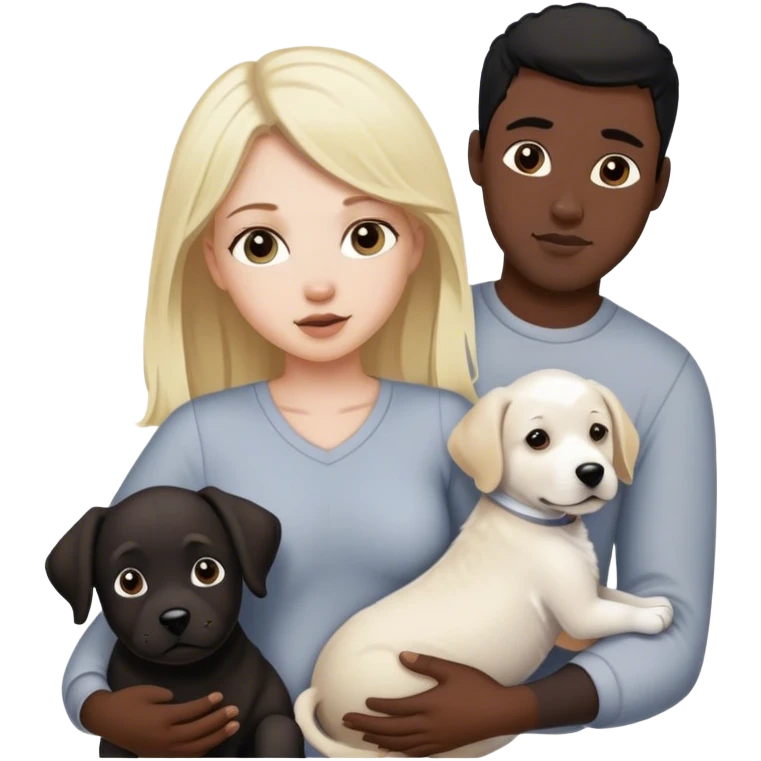 Blond white girl with dark black guy black hair and a baby with 1 dog medium size white and gray and 1 dog large dark brown and white emoji