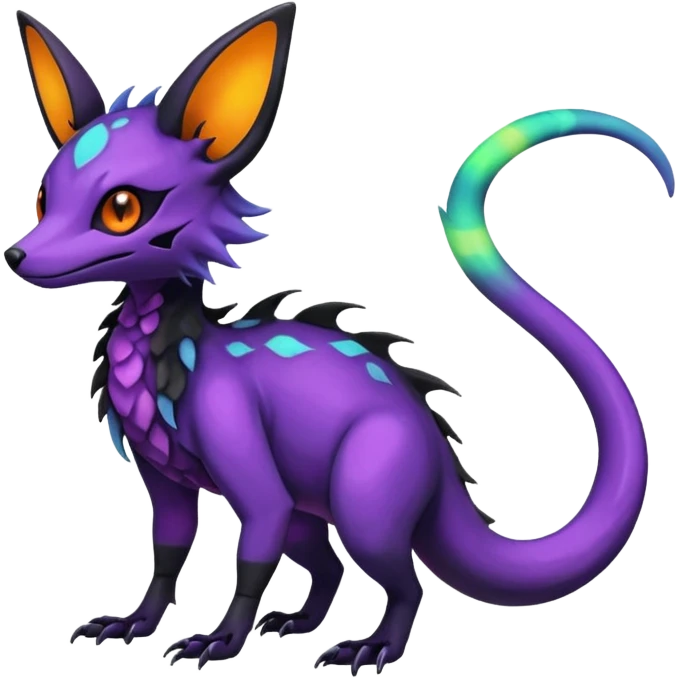 Rare epic aesthetic iridescent bioluminescent spooky gloomy colorful Salandit-Noibat-Eevee-Genet-species-Fakemon-hybrid-creature, with markings, full body emoji