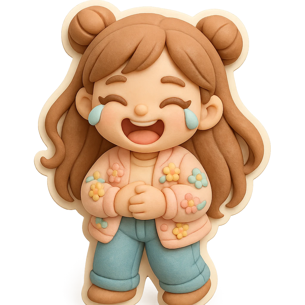 3D chibi girl in fondant cake art style, high-quality rendering with smooth shadows and soft gradients, long brown hair in two space buns, brown eyes, jeans, pastel floral cardigan, thick white outline like a sticker, transparent background, laughing to tears holding her belly, preserve facial features from reference image emoji