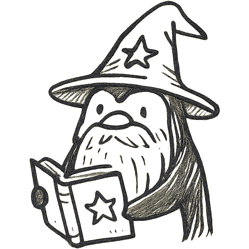 penguin wizard with a long beard, holding a spellbook, hand-drawn black outline style emoji