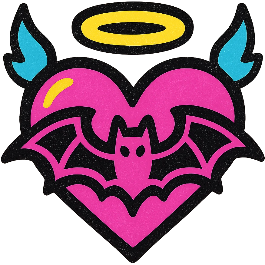 gothic heart with a bat motif, pop colors style, pink and black emoji
