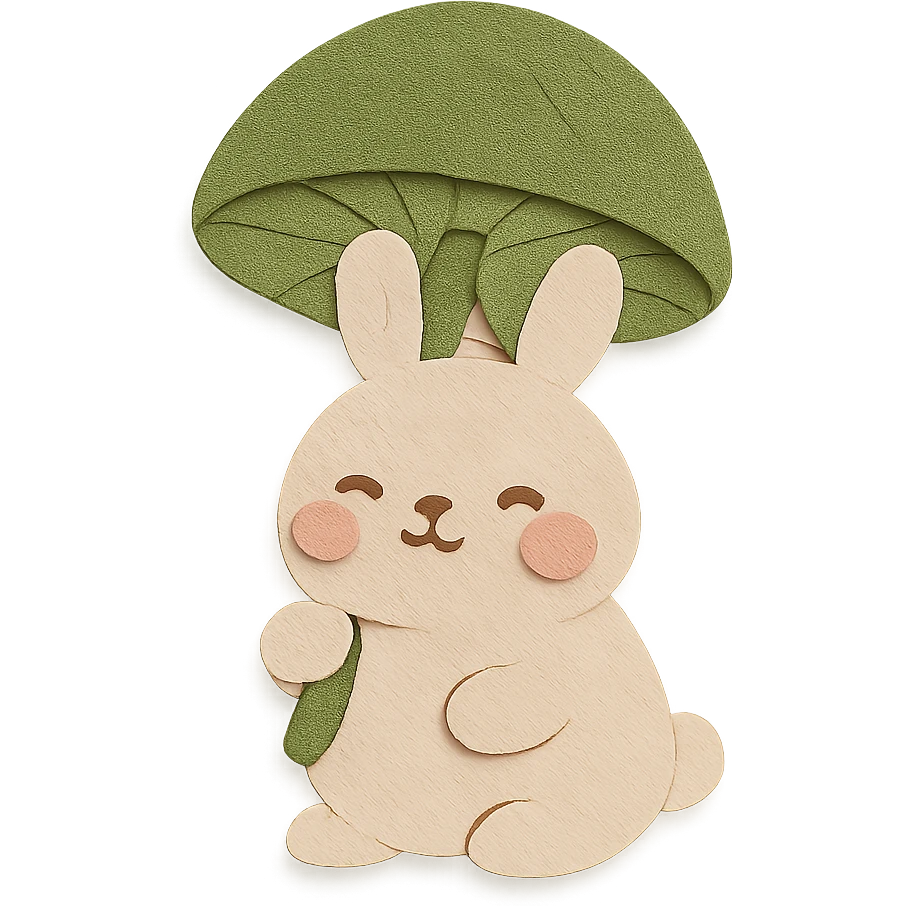 chubby bunny holding a mushroom umbrella, pastel beige and moss green, paper craft style emoji