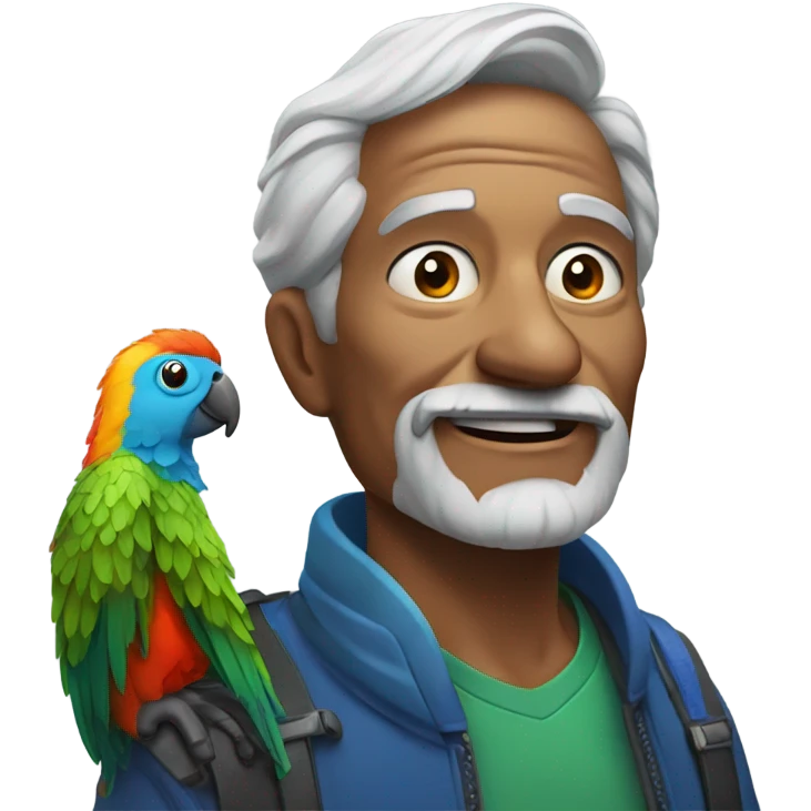 Old man with gray hair portrait with a colorful parrot on his shoulder  emoji