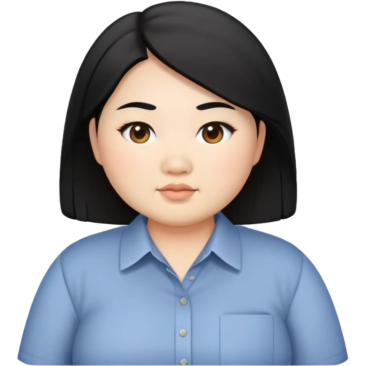 chubby asian waman with round eyebrow, shoulder length black hair, casual shirt, business casual emoji