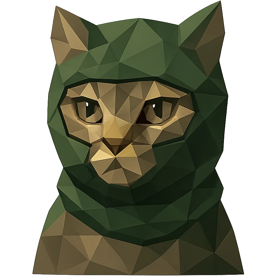 low-poly style cat in a green balaclava emoji