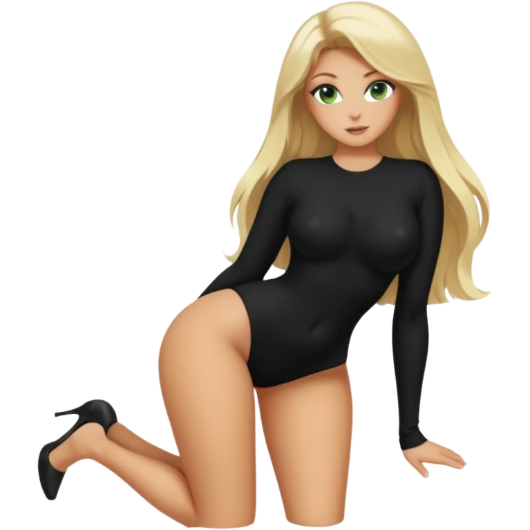 Blonde, green eyed woman with long  hair. She is curvy with a big butt and small breast. She is in sexy black clothes nude and full body exposed. She has nice long legs. She is doing sexy pose emoji