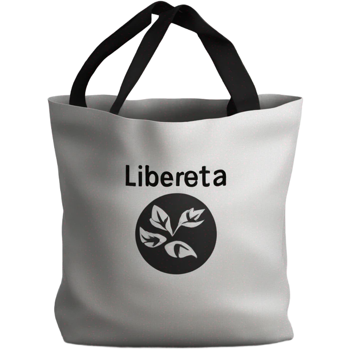 Gray ecological bag with black handles. The black inscription "Liberta" on the bag. Inside - a roll of fabric emoji