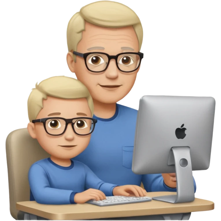 Middle aged man with glasses working at his desk, with his child sitting behind him on the headrest of his chair looking at his computer emoji