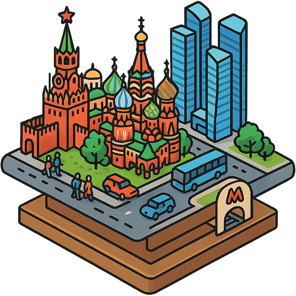 Изометричная миниатюрная 3D модель Москвы на подставке - фотореалистичный Кремль, собор Василия Блаженного, фотореалистичный Башни Москва-Сити, аккуратная детализация, четкие линии, яркие цвета, мультяшный реализм, гуляют люди и современный автотранспорт и метро, компактная композиция, вид сверху в изометрии, прозрачный фон emoji
