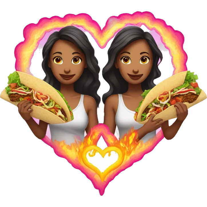 two women eating tacos, riding a unicorn surrounded, a neon heart that’s on fire emoji