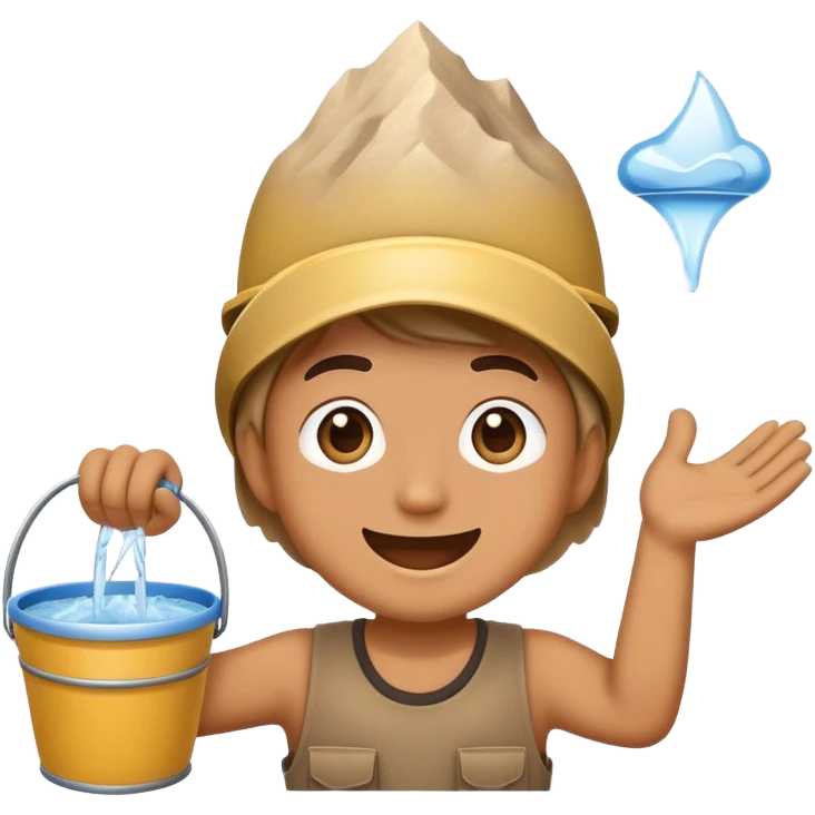 an emoji with a cheerful face holding a bucket of water and a mountain of dust in front of it emoji