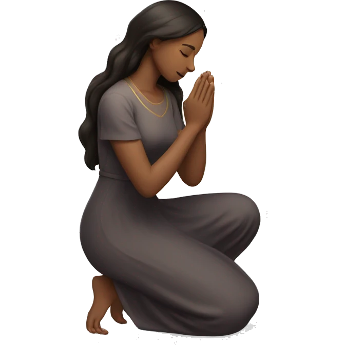 A woman kneeling praying, in a long dress, long dark brown hair emoji