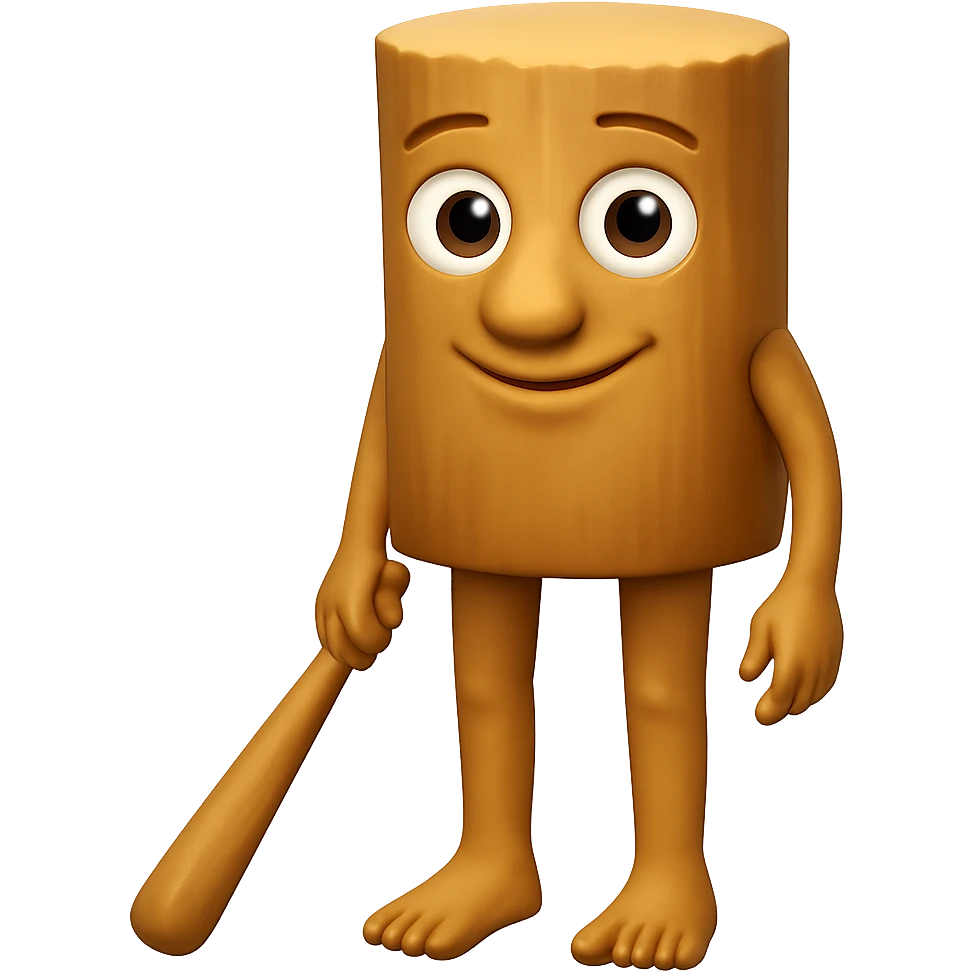 Create a high-fidelity emoji of a stump character, keeping the same pose, proportions, and expression as the reference image. Enhance the detail and make the background transparent. Maintain the character's original look and feel with improved clarity and refinement. emoji