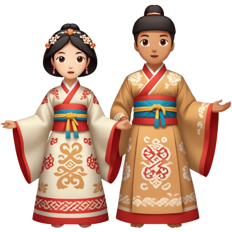 Cinematic Realistic scene of two performers engaging in Ganggangsullae, dressed in traditional Korean costumes with intricate patterns and graceful movements, illuminated by soft, festive lighting that accentuates the cultural ambiance emoji