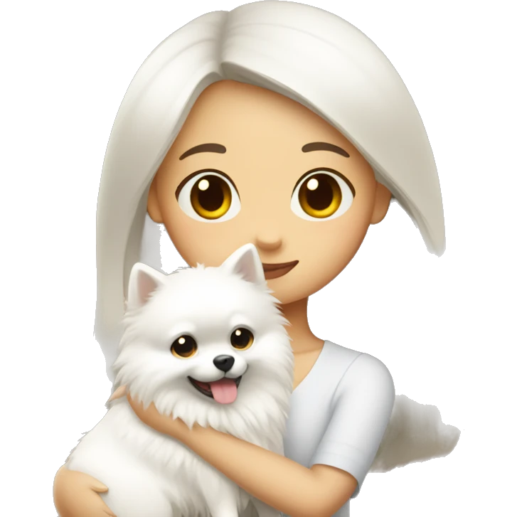 Chinese girl hugging white Pomeranian emoji