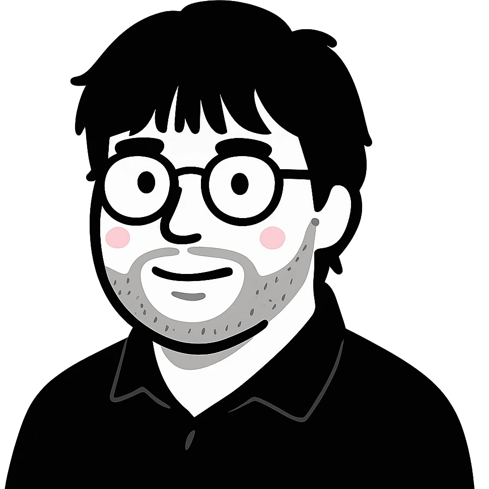 A man with round glasses, longer tousled messy hair with straight bangs, a full round face, a broader nose bridge, and a soft short beard emoji