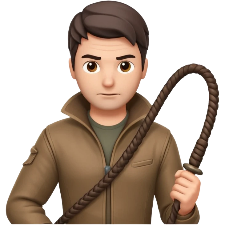 man with a whip portrait, head and shoulders only, whip coiled on shoulder, rugged outfit, confident look, 3D cartoon, mobile game icon style, clean background, no text, no watermark
 emoji