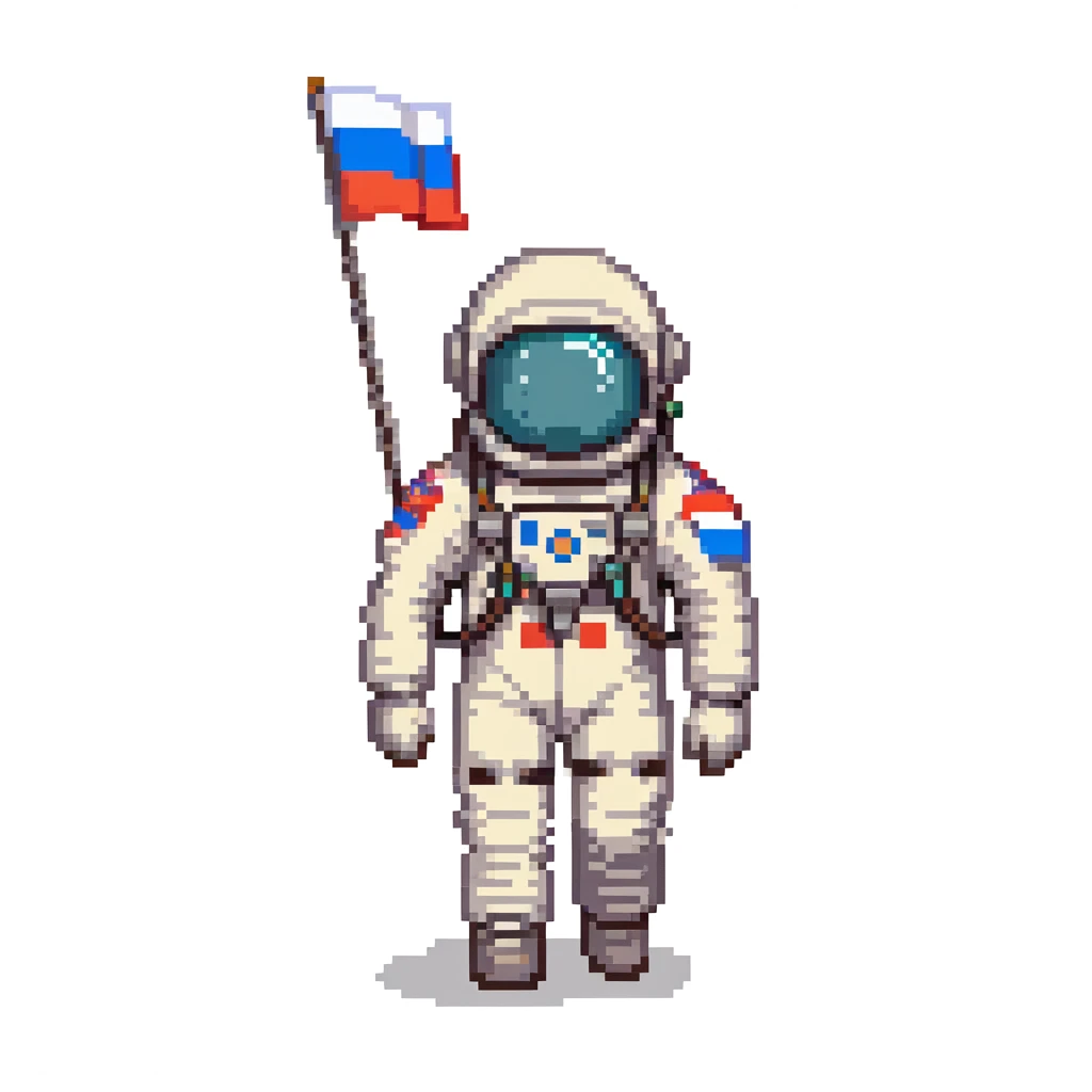 Cosmonaut walking on a planet surface, wearing a spacesuit with Russian flag, light hair and light skin visible through helmet emoji