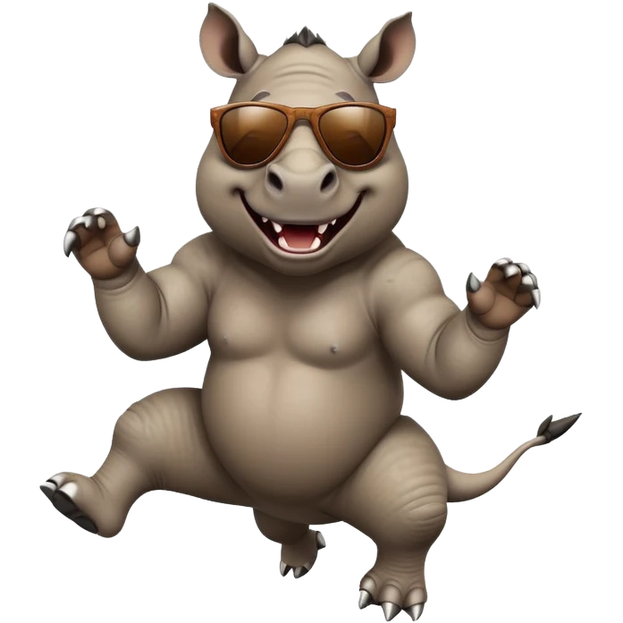 friendly anthropomorphised rhino jumping with excitement, wearing dark sunglasses, dynamic energetic pose emoji