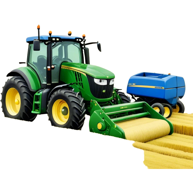 Baler – New Holland Roll-Belt 560 (2018) – Cinematic-realistic John Deere 6155M tractor towing a New Holland Roll-Belt 560 baler, its deep green body contrasting with the bright blue baler. The massive machine moves steadily through golden fields, compressing freshly cut hay into tight round bales, while dust swirls under the blazing afternoon sun. emoji