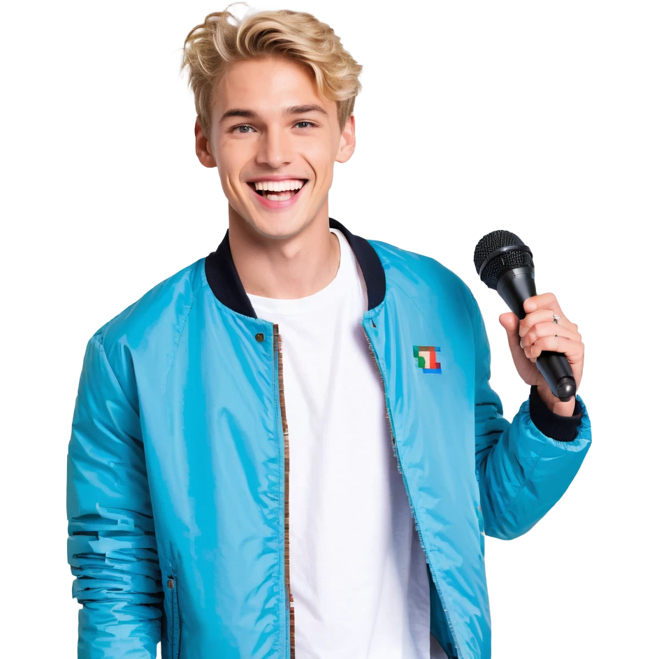 Pixel art style, expressive male performer, Caucasian features, short sandy blonde hair, lively eyes, wide cheerful smile, wearing a sky blue jacket over white tee, tossing a microphone in one hand, waist-up, front-facing emoji
