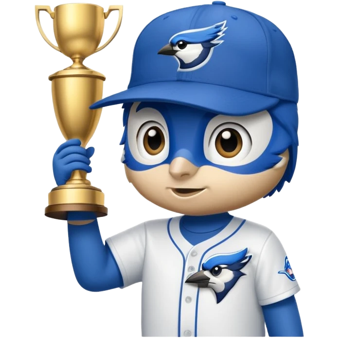 bluejay wearing bluejays MLB baseball cap, holding trophy 🏆 over his head emoji