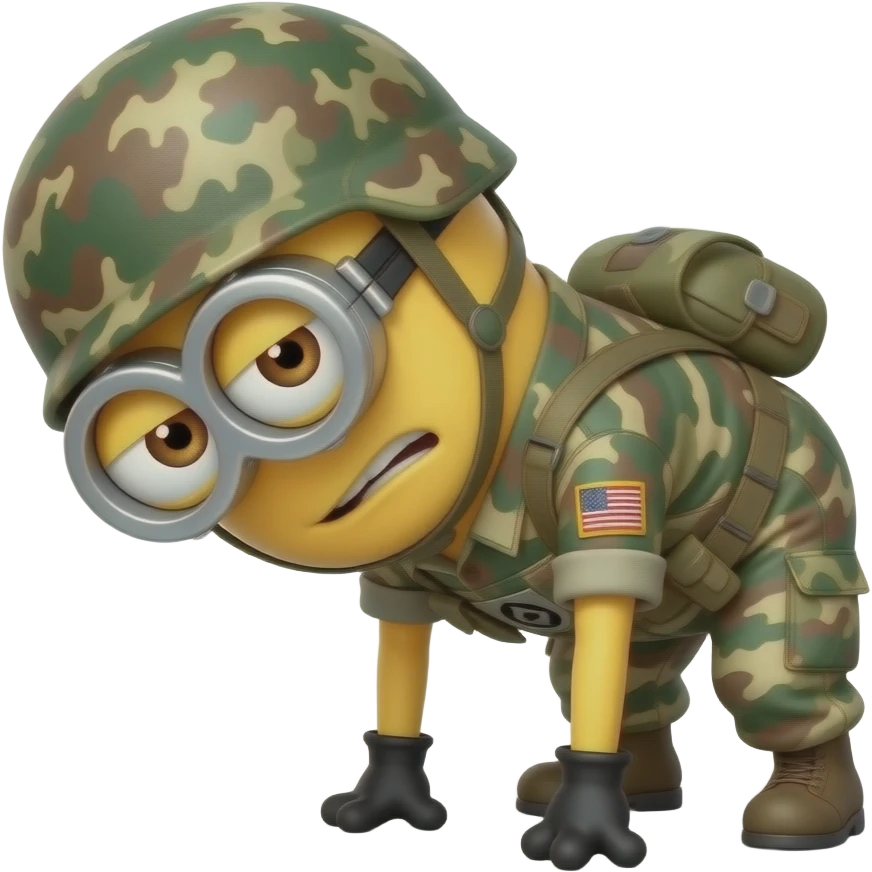 minion in army fatigues bend over here it comes again  text Bend Over Here It Comes Again emoji