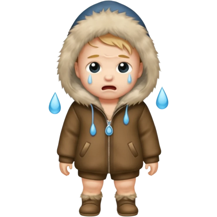 a full body of baby boy wearing fur clothing, crying



















 emoji