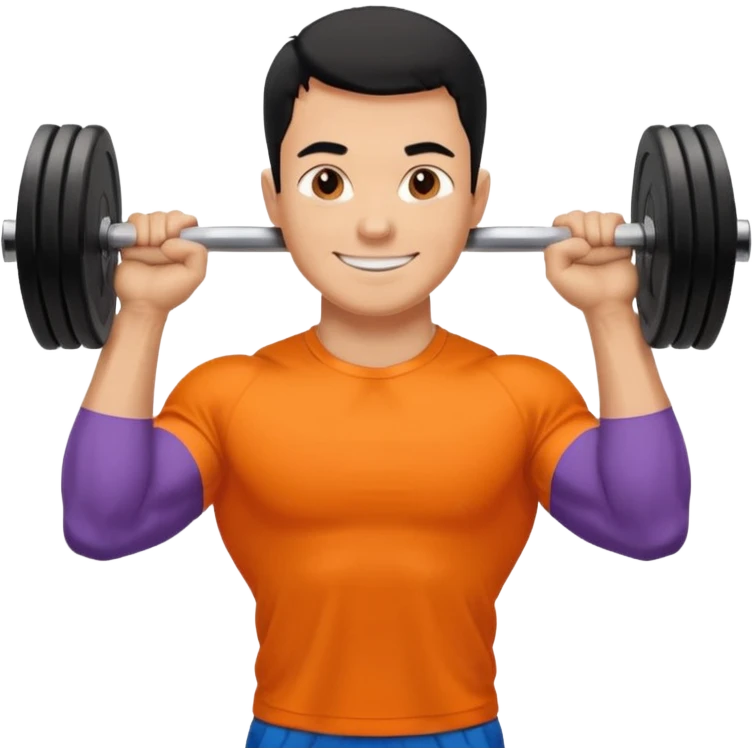 Mach mir einen glücklichen typen der im gym trainert und viele muskeln hat mit einem orangen sport thshirt und schwarzen kurzen haaren emoji