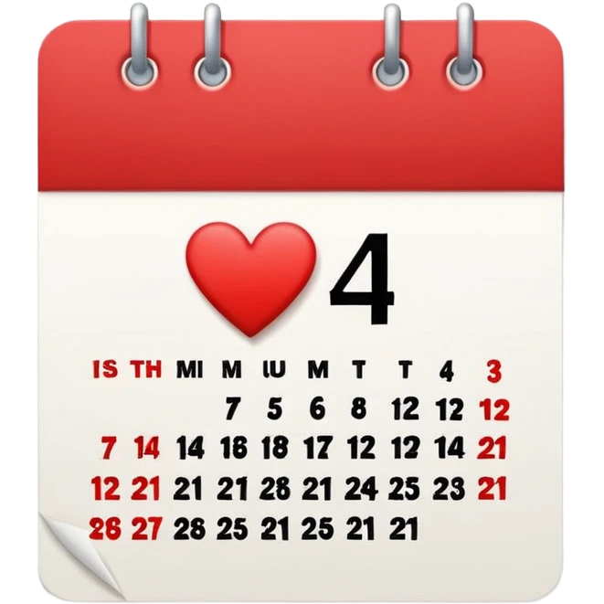 red and white calendar with the number "14" in a heart emoji