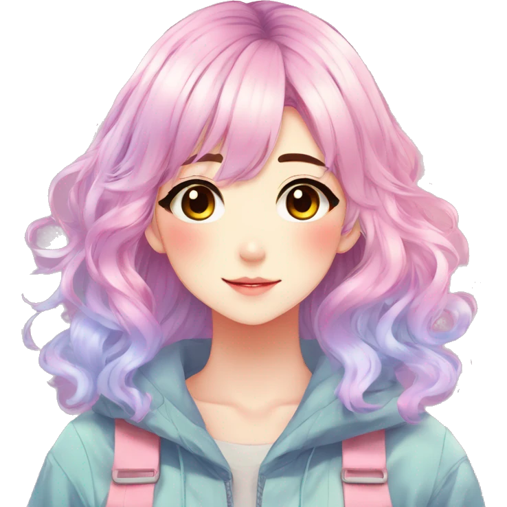 Gorgeous anime style shojo character with blushing face aesthetic and pretty colorful shiny gradient pastel hair with hair garment trending style emoji
