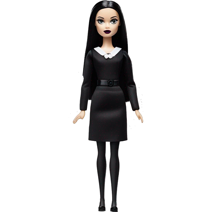 Wednesday Addams Barbie.  Small very light skin face. Black lipstick and eyeshadow. Earrings matching necklaces. Long silky raven hair. neckline that’s off-the-shoulders shows her legs and black high heel. arms up emoji