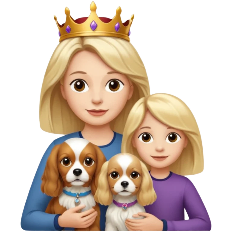 Make a picture of a mother, daughter and dog. Mother has short blond hair. Daughter has long blonde hair. Dog is a King Charles Spaniel. emoji
