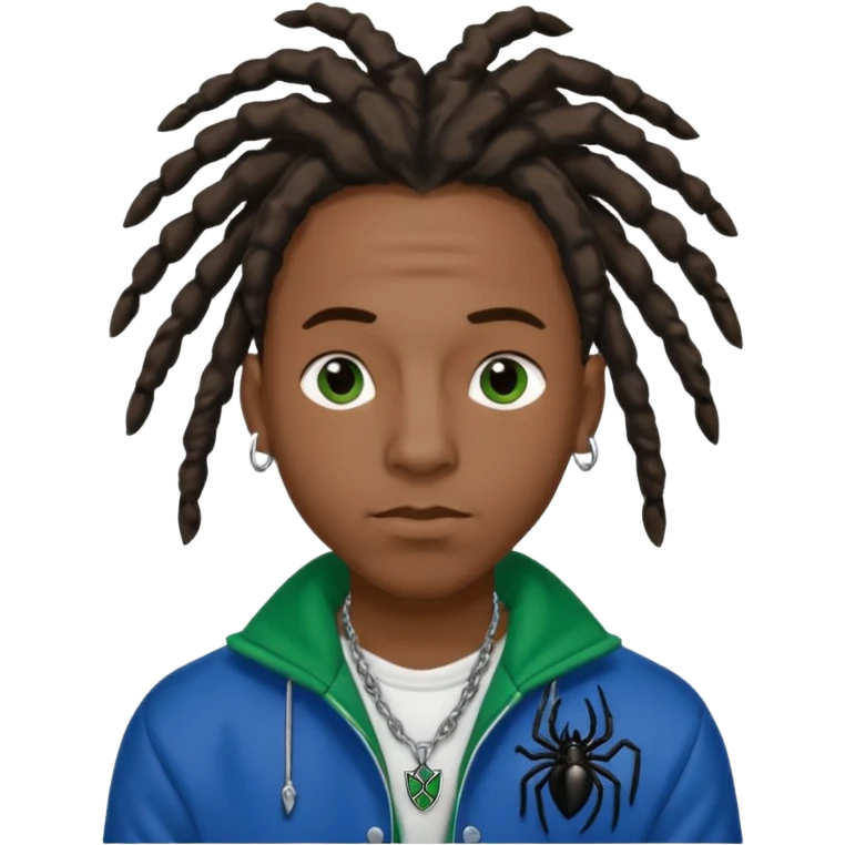 create a black male with locs and silver ear piercings and a left nose piercing and a spider necklace that’s black along with a varsity jacket that’s blue and green emoji