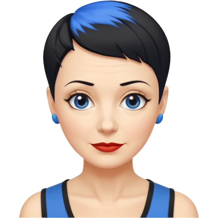 reife frau, vierzig Jahre alt kein kind! freche extreme schwarze Kurzhaarfrisur eine Seite wirklich fast keine Haare andere Seite mit blauer Strähne kurze Seite noch viel kürzer emoji